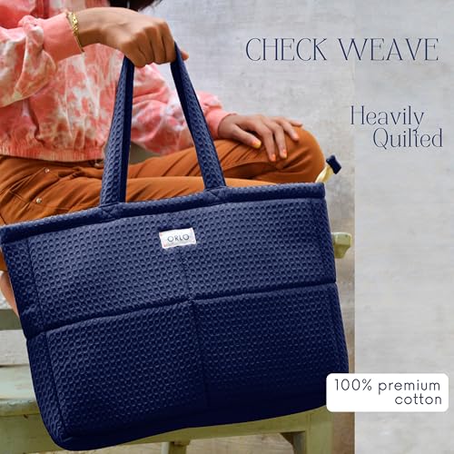 Image of Premium Cotton Waffle Quilted Tote Bag, Large Spacious Handbag for College, Office, Work, Travel, Shopping & Daily Use