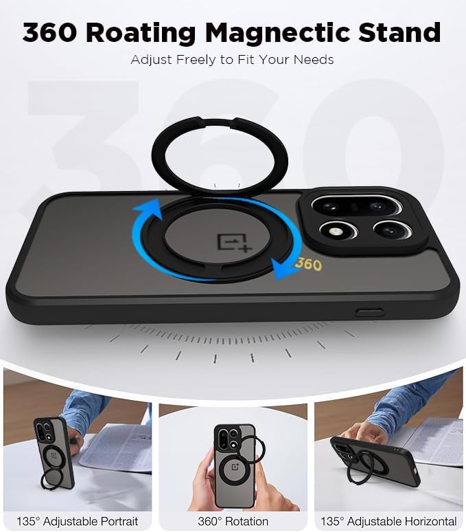 Image of RIGGEAR Shockproof Sleek Hybrid Armor 360 Rotating Magnetic Ring Stand Back Cover Case Compatible with MagSafe Accessories for OnePlus 15 5G (Smoke Matte Black PC + Black TPU Bumper)