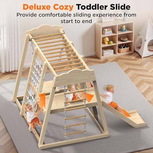 Indoor Playground 8-in-1 Wooden Jungle Gym Large Kids Play Gym Climbing Toys with Swing, Slide with Preperation Zone, Monkey Bars, Climbing Rocks, Rope Wall, Ladders