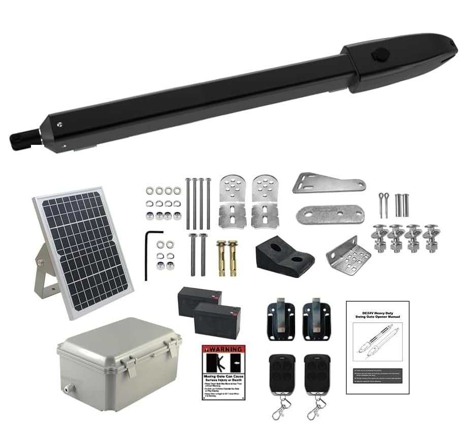 GYXEL C025 Solar Gate Opener with Batteries & Solar Panel for Single Swing Gates Up to 790lb 18FT Complete Automatic Gate Opener Kit with Remote Medium-Duty Electric Gates Openers SolarPowered
