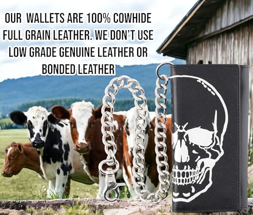 Image of F&L CLASSIC RFID Blocking Mens Tri-fold Long Style Leather Steel Chain Wallet,black skull,212-50