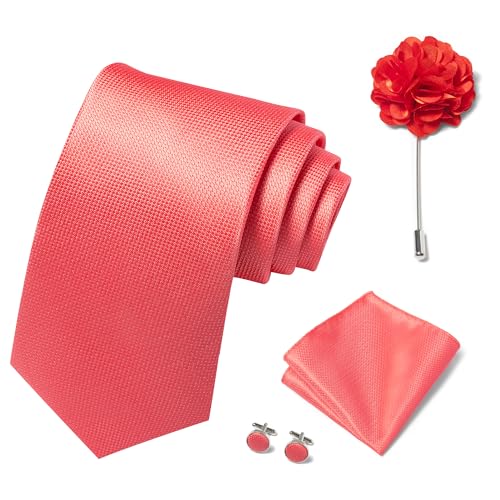 Image of Solid Color Ties Set Men Handkerchief Cufflinks Brooch 3.15 inches Classic Formal Necktie Pocket Square Set
