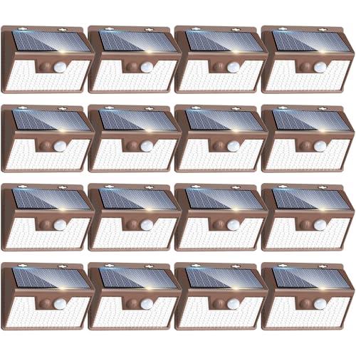 Image of Peasur Brown Solar Lights Outdoor Motion Sensor 16 Pack, Ultra-Bright 3 Mode 140LED Fence Security Light Waterproof, Solar Wall Lighting for Patio Yard Step House Outside Cool White