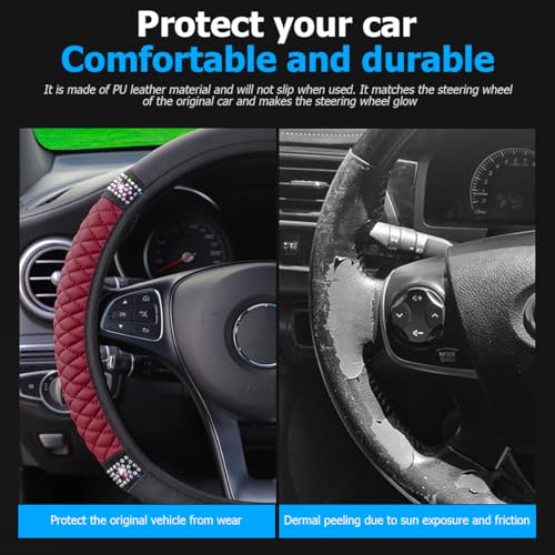 Image of Osilly Bling Car Steering Wheel Cover, 15 Inch Rhinestones Soft Leather Elastic Steering Wheel Protector, Sparkly Crystal Diamond for Women Girls (Wine Red)