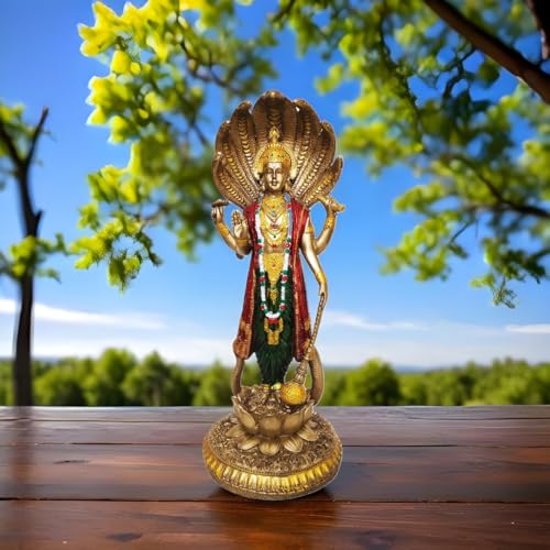 Image of YASHONIDHI Venkatesh Narayan Vishnu Bhagwan Statue, 12 Inches, Lakshminarayan Gold-Colour Murti Standing on Lotus and Sheshnag, for Home, Office Decoration, for Pooja Room