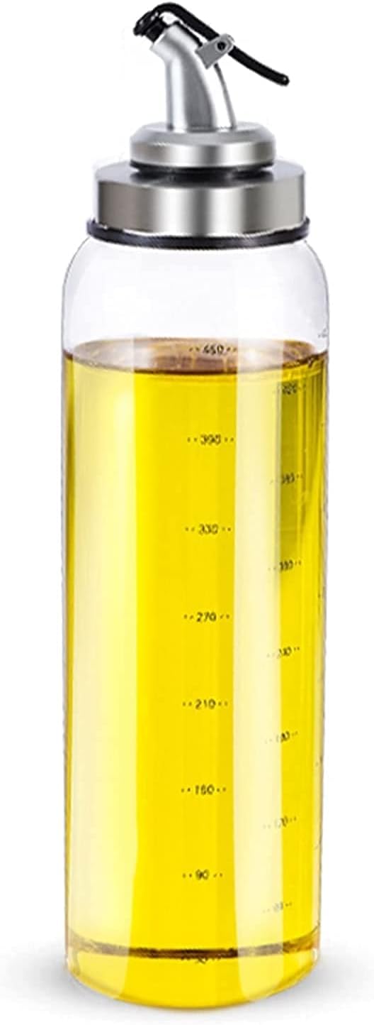 P-PLUS INTERNATIONAL Olive Oil Dispenser Bottle, Glass Oil Bottle for Kitchen, Oil and Vinegar Cruet Bottle,450 ml, No Drip Pouring, with Measuring Scale (Pack of 1)