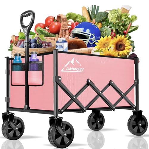 Image of Collapsible Folding Wagon Cart, 350LBS Utility Large Capacity Cart Foldable Wagon with All Terrain Wheels, Grocery Wagons Carts for Garden Shopping Sports Camping, Light Pink