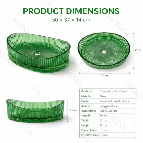 Image of Backline Glass Basin | Table Top Wash Basin | Glass Countertop Bathroom Sink with Ribbed Design | 50 x 37 x 14 cm (5 Years Warranty)