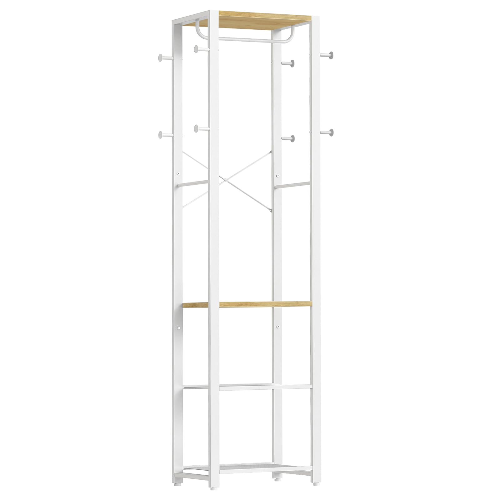 HOOBRO Garderobenständer, Garderobe mit Schuhregalen, Aufbewahrungsregal, Garderobe mit 3 Regalen, Vielseitiger Kleiderständer mit Schuh-Organizer, Weiß und Holzfarbe EWN04YM01