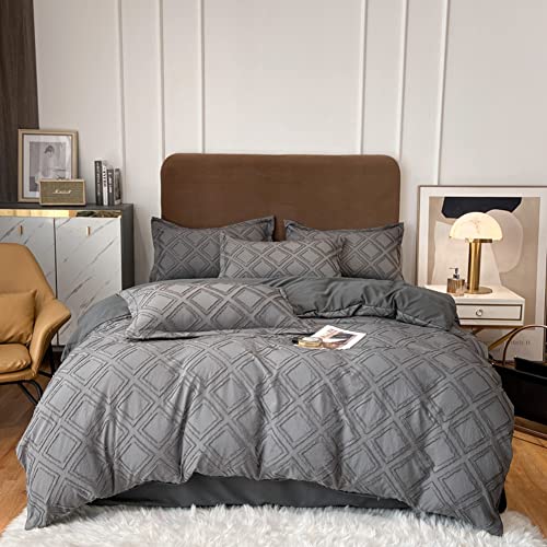 Morromorn 5 Pcs Duvet Cover Queen, Boho Bedding Set Geometric Tufted Textured, Cooling Comforter Cover Sets With Pillow Shams Zipper, Neutral For Men Women Bedroom Soft Jacquard (Grey, Full/Queen) #TOP3