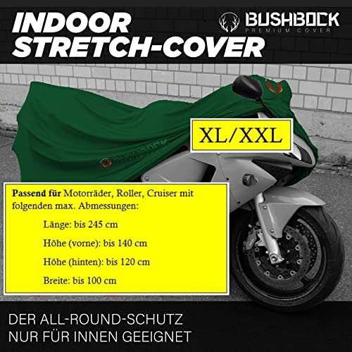 BUSHBOCK® Premium Cover Indoor Motorrad Abdeckplane-Staubschutz-elastischer, atmungsaktiver Samt-Stretchstoff (XL-XXL, Grün)