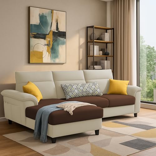 Image of Casaliving Seams LHS 4 Seater L Shape Sofa for Living Room (Cream Brown Fabric) Premium Fabric Sofa