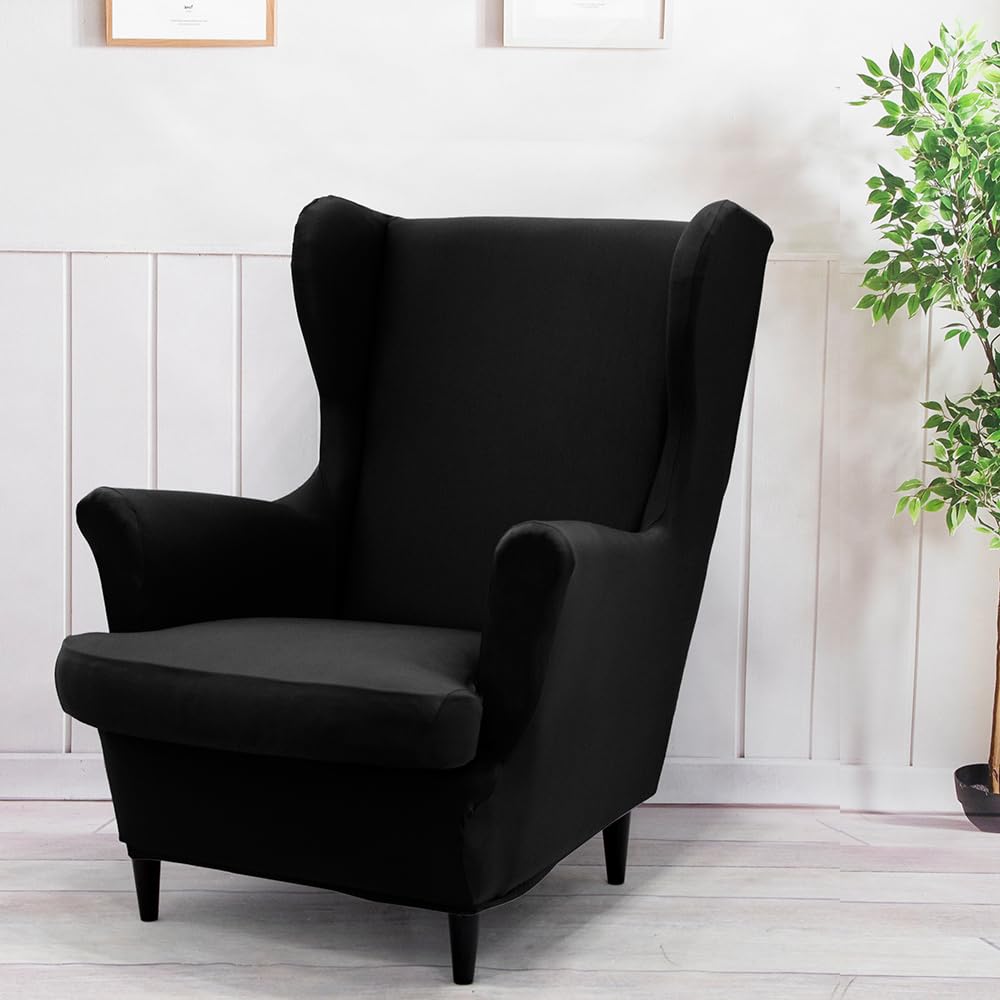 Highdi Wingback Chair Covers 2 Piece Stretch Wing Chair Cover Solid Color Sofa Cover Armchair Slipcover Washable Non Slip Furniture Protector for Living Room Bedroom Hotel (Black) — image 1
