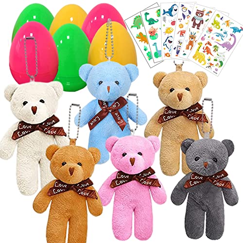 Easter Eggs, Easter Basket Fillers, 6 Pack Jumbo Prefilled Surprise Eggs with Mini Plush Bear Inside, Kids Plastic Easter Egg Toys for Easter Hunts, Basket Stuffers, Easter Party Favor with Stickers