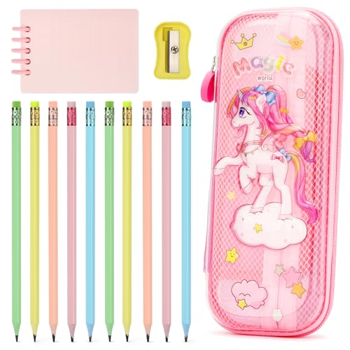 OPPZZIT 10 Stück Bleistifte mit Radiergummi, Kawaii Federmäppchen Einhorn 2 Fächer und Stifthalter innen, Bleistiftset Kinder mit Mäppchen & Notizbuch, Einhorn Geschenke für Mädchen 4 5 6 Jahre, Rosa