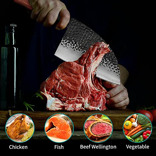 Findking Dynasty Series Serbian Chefs Knife With Leather Sheath, Heavy Duty Meat Cleaver, 9Cr18Mov High Carbon Steel Blade, African Rosewood Octagonal Handle, For Meat, Chicken Bones, 6.5 Inches #TOP4