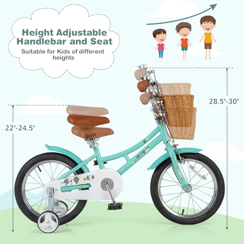Image of BABY JOY Retro Kids Bike, 12 14 16 18 Inch Child Bike for 3-8 Years Old w /Rattan Basket, Adjustable Height, Training Wheels, Fenders, Handbrake Coaster Brake, 95% Pre-Assembled Kids Bicycle for Girls