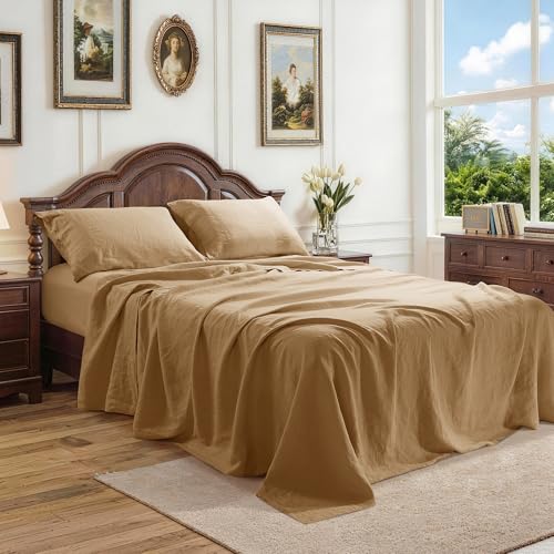Image of 100% Pure Linen Sheet Set for Hot Sleepers, Breathable Natural Linen Sheets 4pcs, Bedding Set Deep Pocket Up to 16 inch Moisture-Wicking, Softens with Every Wash (Rust King)
