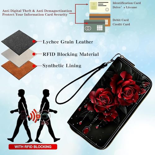 Womens Wallet, PU Leather RFID Cute Wristlet Wallets for Girls Women Ladies Purse Large Credit Card Clutch Purse Card Holder Coin Pocket Travel Wallets with Zipper, Red Roses3
