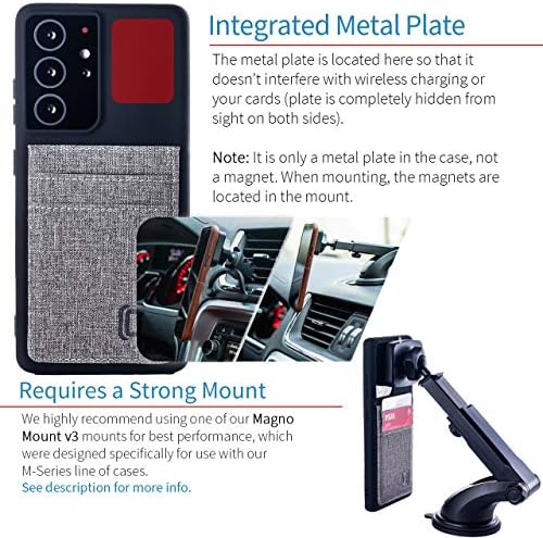 Dockem Galaxy S21 Ultra Wallet Case: Hidden Metal Plate for Magnetic Mounting with Canvas Style Synthetic Leather, 2 Card Holder Slots: Luxe M2T, 6.8" [Black/Grey]