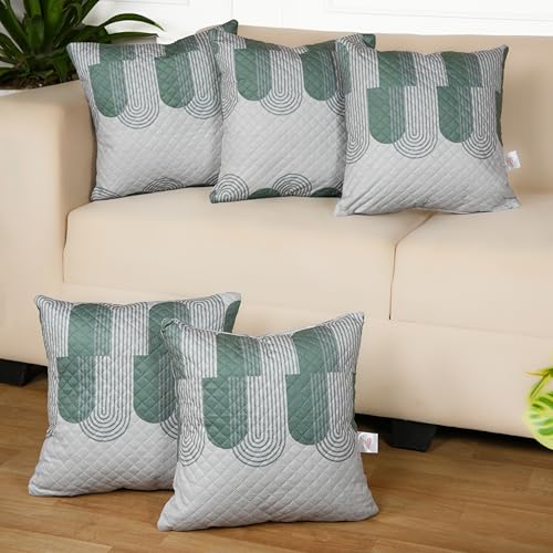 Image of STITCHNEST 'QuadraNest' Series Printed Quilted Velvet Cushion Cover 16x16 Inch Set of 5 | Premium Soft Fabric, Washable & Fade Resistant | Decorative Living Room Cushion Covers | Green & White Wave