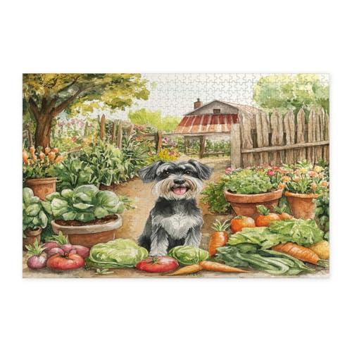 Rompecabezas de madera de 1000 piezas con diseño de perro Schnauzer en el jardín