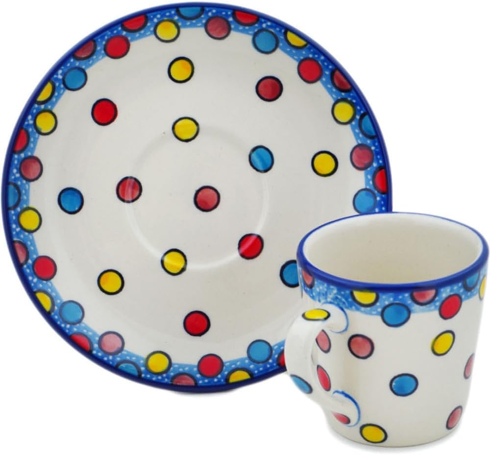Polmedia Polish Pottery Cup with Saucer UNIKAT - Gumball Machine Pattern Handmade in Boleslawiec Poland by Ceramika Artystyczna + Certificate of Authenticity