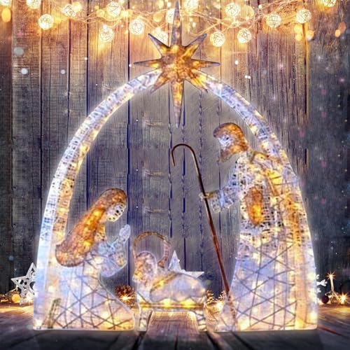 Belén iluminado al aire libre, Belén for decoraciones navideñas al aire libre, Juego de Navidad Sagrada Familia for jardín, jardín, Belén de Navidad, Belén de metal al aire libre, Belén Set de decorac