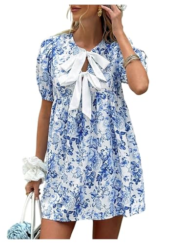 SOLY HUX Women's Floral Mini Dress Bow Tie Front Puff Short Sleeve Babydoll Flowy Summer Vacation Dresses