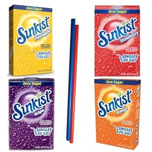 Sunkist Sugar Free drink Mix : Low Carb Zero Sugar Drink Mix – 4 boxes of 6 packs – Strawberry, Orange, Grape, Pinapple – Sugar Free Drink Mix – Keto Drink Mix Zero Guilt! Low Carb, Zero Sugar Drink Mix – Comes with 2 Paper Straws and 1 Exclusive PALiSOL CREATiONS Stickers 24 packets total