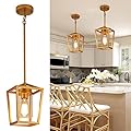 SGLfarmty 1-Light Gold Pendant Light, Farmhouse Cage Pendant Lighting Fixture for Kitchen Island, Lantern Pendant Lights Brass Finish with Glass, Modern Geometric Hanging Light for Foyer, Entryway