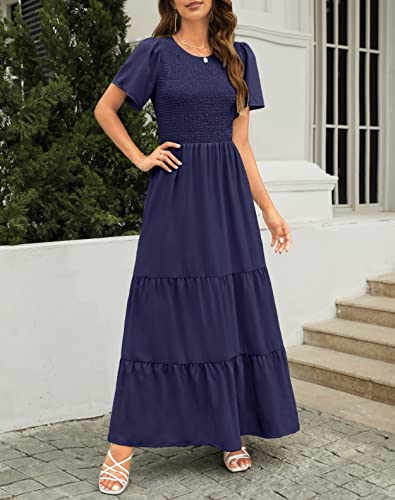 Image of Kranda Women Summer Round Neck Flutter Short Sleeve Smocked Ruffle Tiered Solid Color Maxi Long Dress 2023