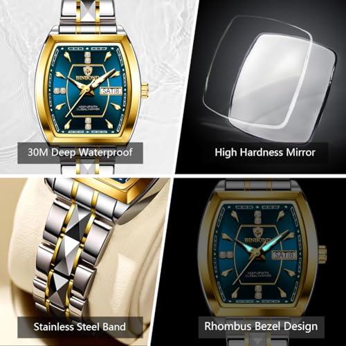 Image of BINBOND Square Watches for Women Analog Quartz Day Date Ladies Wrist Watch Diamond Stylish Stainless Steel Dress Womens Watch Elegant Luminous Waterproof