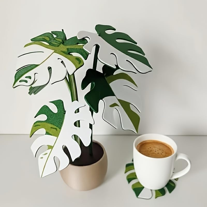 Monstera Plant Coasters Set of 6 with Potted Holder - 3D Decorative Leaf Drink Coasters for Table Protection Cute Home Office Desk Decor & Novelty Gift