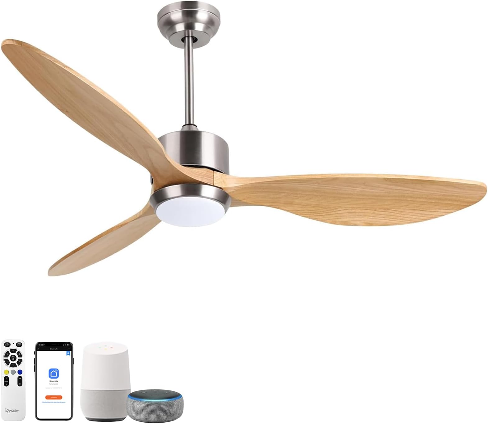 Ovlaim Wood Ceiling Fan 52 Inch with LED Light & Remote Control, 3 Reversible Natural Timber Blades 6 Speeds, 3 Color Temperature Changeable, Quiet DC Motor for Living Room, Bedroom - Silver/Burlywood