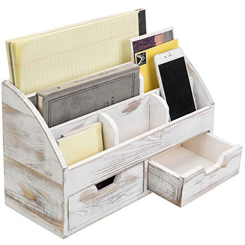 MyGift 6-Compartment Shabby Whitewashed Wood Desktop Office Supplies Organizer with 2 Drawers