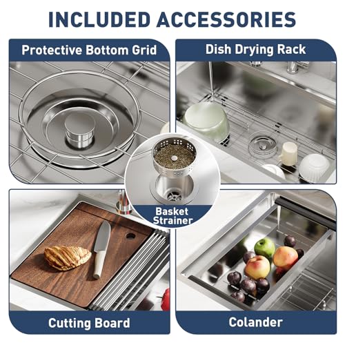 GarveeHome Undermount Kitchen Sink, 23x18 Inch Stainless Steel Kitchen- Single Bowl Sinks, Modern Top Mount 16 Gauge Workstation Sink-with Accessories for Bar, Silver (Not Included Faucet)