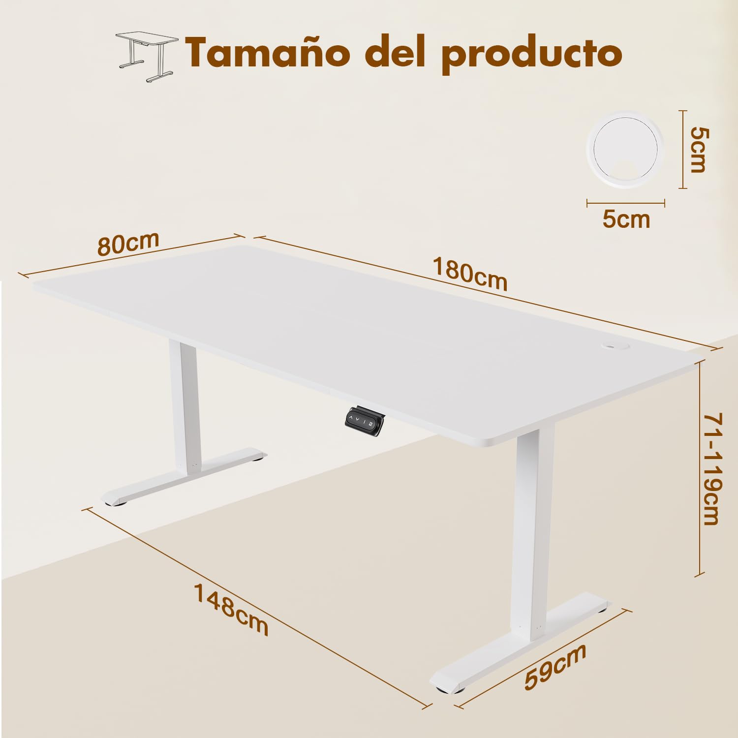 Devoko Escritorio Elevable Eléctrico 180 x 80cm,Escritorio Regulable en Altura con Gancho, 71-119 cm, 2 Opciones de Memoria Inteligente, Adecuado para Estudiar Trabajar（Blanco）
