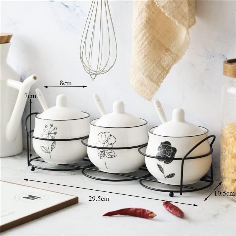 Dozownik przypraw Pojemnik na przyprawy, pudełko na przyprawy, pudełko na przyprawy Zestaw ceramicznych zbiorników na sól i pieprz Słoiki na przyprawy Słoiki na przyprawy Żelazny uchwyt Łyżka na przyp