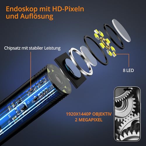 Neoteck Endoskopkamera 1920P HD Snake Inspektion Endoskop Wasserdicht mit 8 LED Leuchten...