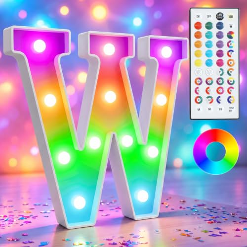Pooqla Colorful Light Up Letters with Remote, Upgraded 35 Colors LED Marquee Letters, RGB Lighted Letter for Girls Teenager Gift, Birthday, Party, Wedding, Night Light, Room, Bedroom Decor, Letter W