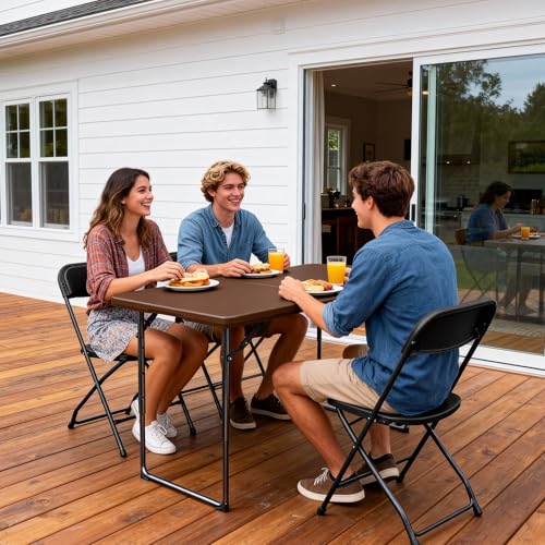 Image of Folding Table, 4FT Foldable Picnic Table with Adjustable Height, Heavy Duty Fold-in-Half Portable Table for Weddings, Camping, RV Travel, Parties, BBQs, and Indoor Use, Easy to Fold and Store, Brown