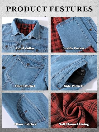 Men's Denim Jacket Lined Flannel Plaid Vintage Cowboy Cut Western Classic Trucker Motorcycle Snap Fall Long Sleeves4