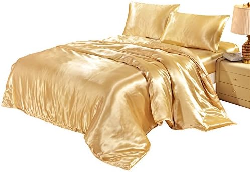 DREFEEL Hotel Quality Golden Duvet Cover Set King Size Satin Silk Like Bedding with Hidden Zipper Ties, Soft Smooth Durable Stain Resistant Quilt/Comforter Cover Set