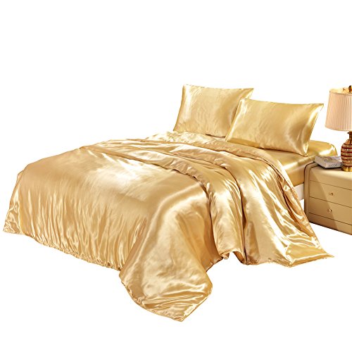 Drefeel Hotel Quality Golden Duvet Cover Set King Size Satin Silk Like Bedding With Hidden Zipper Ties, Soft Smooth Durable Stain Resistant Quilt/Comforter Cover Set #TOP2