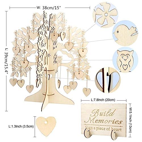 NUPTIO Unique Wedding Guest Book Alternative, Rustic Guest Registry with 50pcs Wooden Hearts, Wood Tree Frame Drop Box Guest Books with Stand (15.4\" x 15\" x 15\")