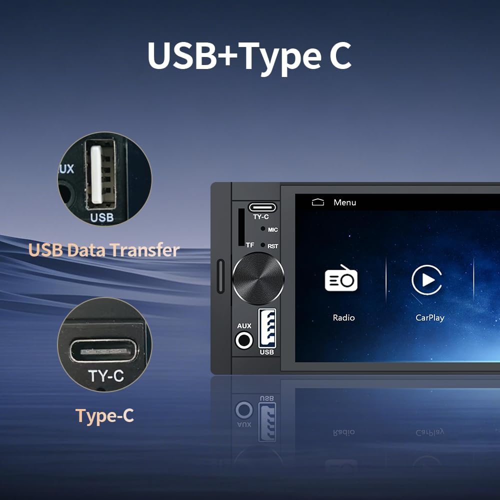 Single Din Car Stereo Radio Upgrade with CarPlay & Android Auto/6.36 Inch HD Touch Screen/Bluetooth/USB Type-C/SWC/EQ/FM Radio/External Mic