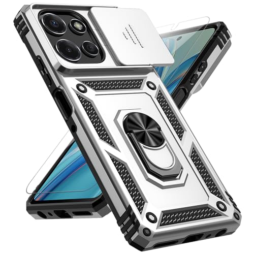 for Motorola Moto G Power 2026 / Moto G Power 2025 Case, with Slide Camera Cover Screen Protector [Military Grade Drop Tested] Ring Holder Kickstand Protective Phone Case for Moto G Power 2026, Silver