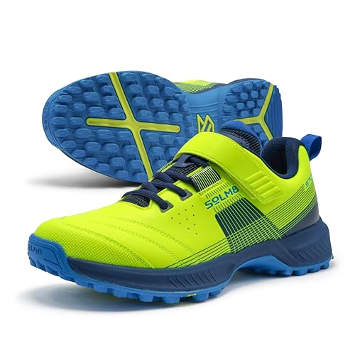 SOLM8 S70 Cricket Shoes with Gel Insole - Designed for Bowlers with Secure Vel-cro Strap & Well Padded Upper and Advance Rubber Cleats Lime Navy