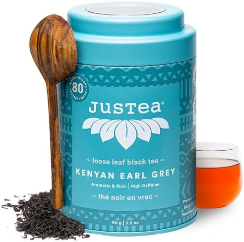 JusTea KENYAN EARL GREY Loose Black Tea, 40+ Cups Tin + Spoon, 4/5 Caffeine